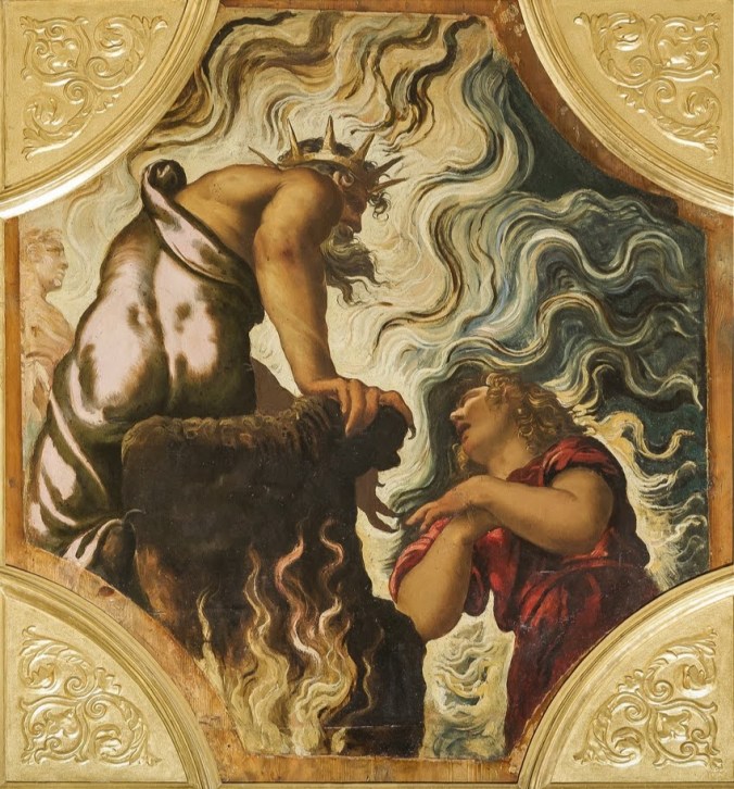 Peinture représentant un homme puissant, portant une couronne, s'adressant à une figure féminine avec des cheveux ondulés, le tout enveloppé dans des nuages dramatiques.