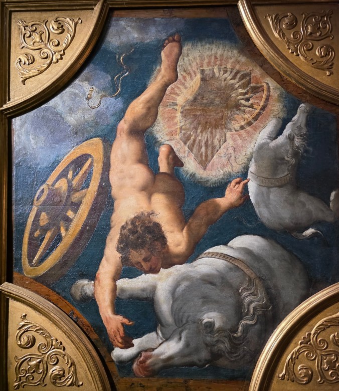 Peinture représentant un homme nu tombant avec des chevaux en bas, dans un ciel bleu, avec une roue large à gauche.
